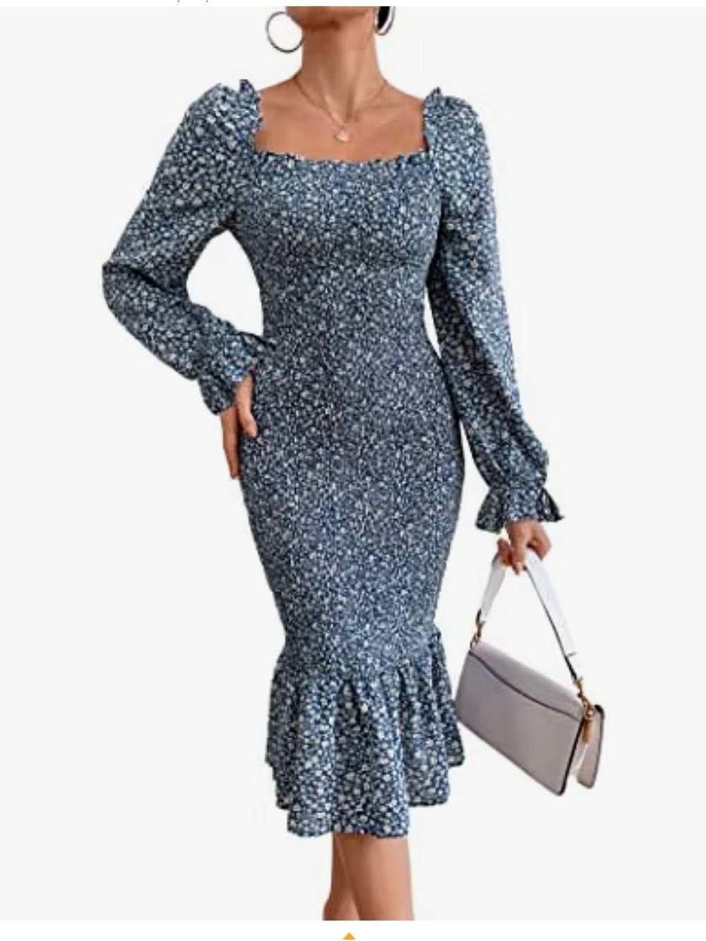 PRETTYGARDEN Women's Long Puff Sleeve Floral Midi Bodycon Dresses Square Neck